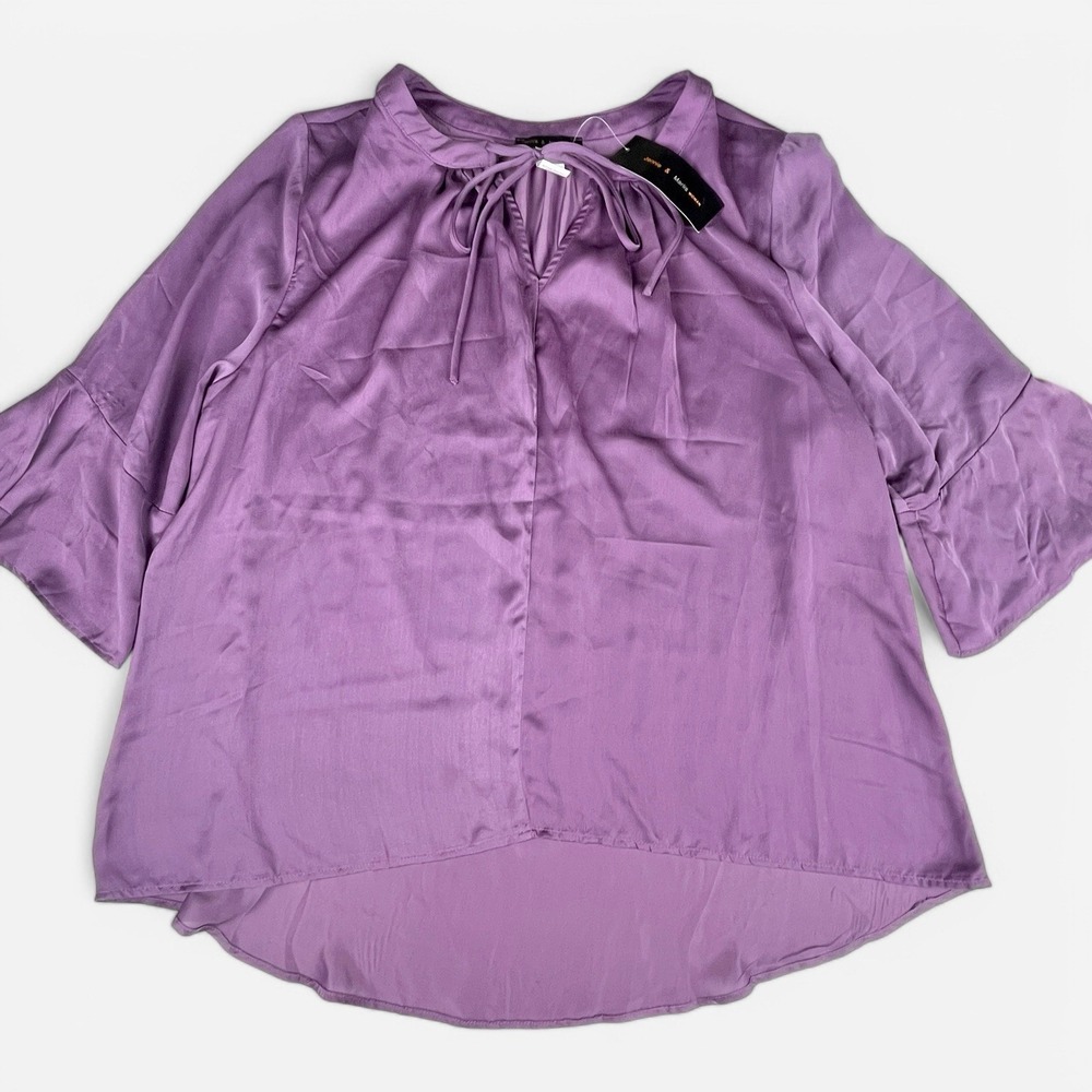 NWT Jennie Marlis Top Blouse‎ Womens Plus Sz 1X Purple Tie Neck Bell 3/4 Sleeve